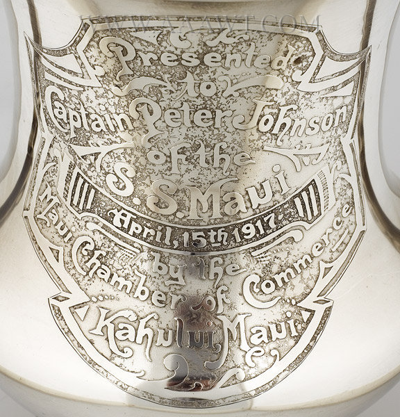 Sterling Silver Presentation Urn, Captain Peter Johnson, S.S. Maui
By the Chamber of Commerce, Maui, Hawaii
April 15, 1917, engraving detail 1